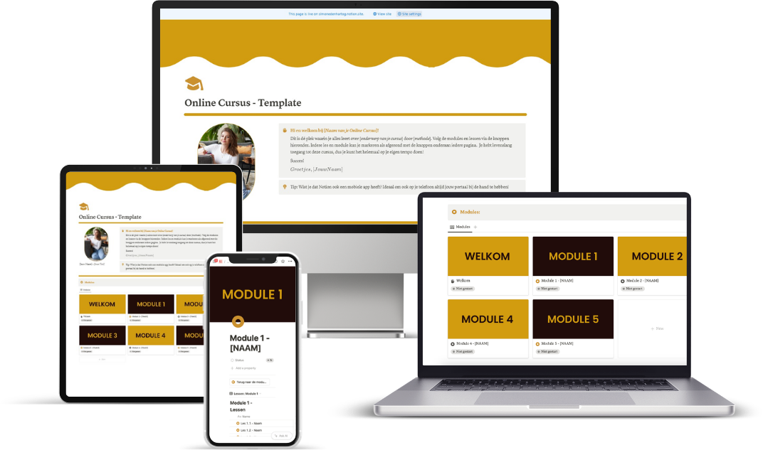 Online cursus in Notion op desktop, laptop, tablet en telefoon